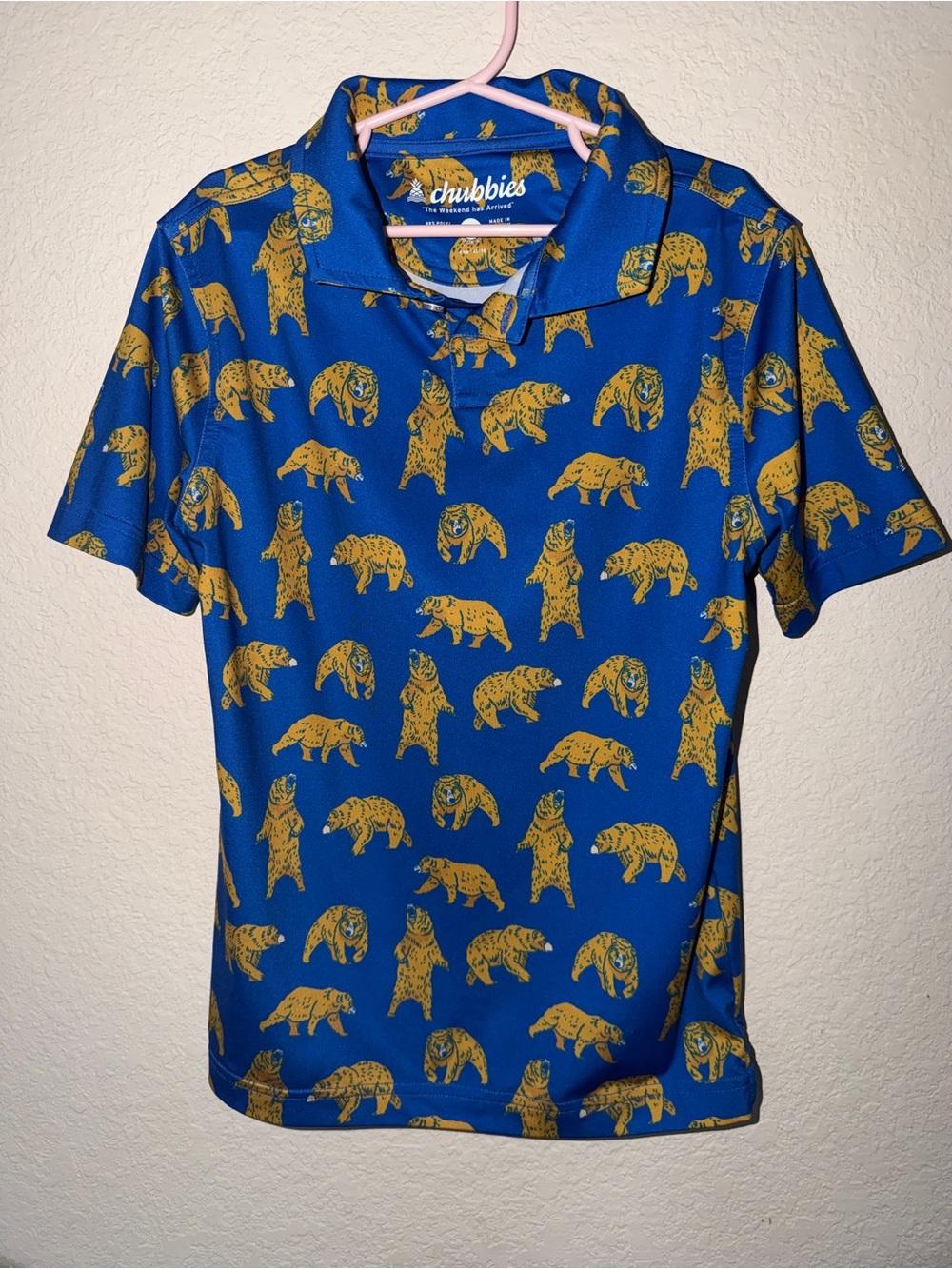 Chubbies Boys Blue Polo with Yellow Bear Print size XS 6/7